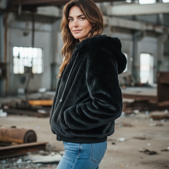 BLANC NOIR - Black Faux Fur Hooded Coat SIZE: M - Picture 2 of 7